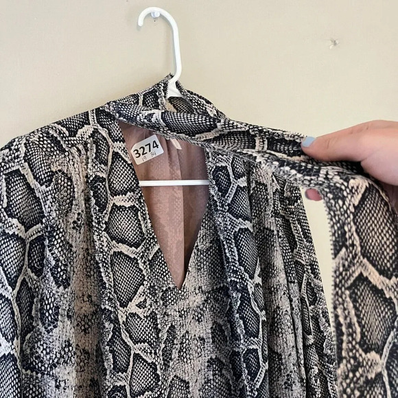 Rebecca Taylor Womens Black Gray Shift Dress 2 Long Sleeve Tie Neck Snake Print - Picture 7 of 13